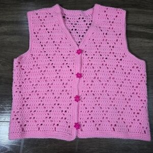 Handmade Pink Crochet Women's Hand Knit Vest Fits Small/Medium